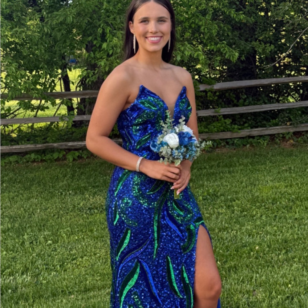 Strapless Blue & Green Sequin Evening Dress